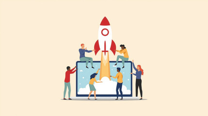 Business vector art of people working together to launch a rocket from a laptop screen