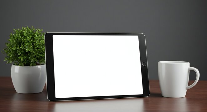 A tablet with a blank screen is positioned next to a white coffee mug and a small green potted plant on a wooden table. The background is a dark gray wall.