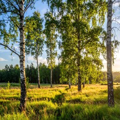 Sunlight streams through birch trees in a meadow