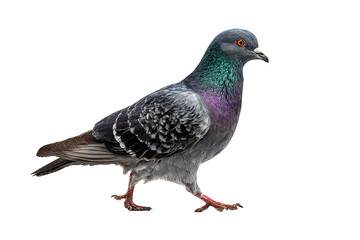 Naklejka premium Rock pigeon mid-stride with iridescent teal and plum neck feathers and bright orange eye, isolated on transparent background 