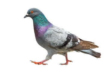 Rock pigeon mid-stride with iridescent teal and plum neck feathers and bright orange eye, isolated on transparent background
