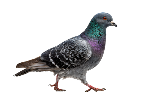 Rock pigeon mid-stride with iridescent teal and plum neck feathers and bright orange eye, isolated on transparent background
- Powered by Adobe