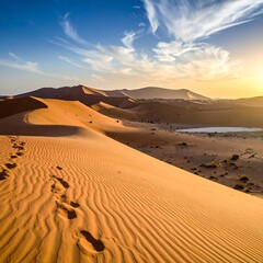 Sunrise over vast orange dunes with footprints