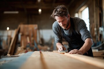 Man sanding wood in a workshop with sawdust in the air