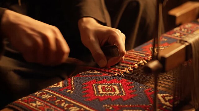 Artisan Hands Weaving a Traditional Carpet with Intricate Designs.