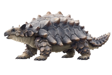 Armored ankylosaur with textured scutes and dark-tipped plates, tail club angled back, isolated on transparent background
