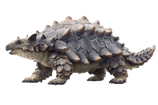 Armored ankylosaur with textured scutes and dark-tipped plates, tail club angled back, isolated on transparent background
