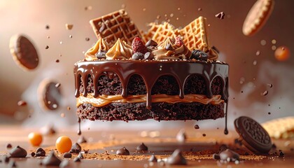 A delectable chocolate cake, with drips of glaze, decorated with waffles, berries, chocolate pieces, and cookies, levitating with toppings