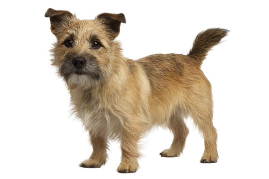 Small terrier dog with wiry tan coat, darker muzzle, and perked ears, isolated on transparent background
