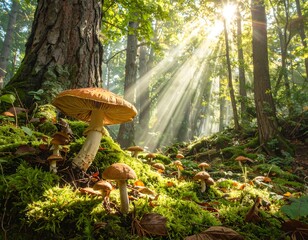 Sunlight streams through forest floor with mushrooms