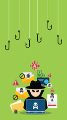 Naklejka premium Hacker with laptop computer stealing confidential data, personal information and credit card detail. Hacking concept.