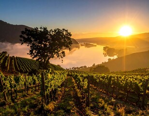 Naklejka premium Sunrise over vineyard with lake