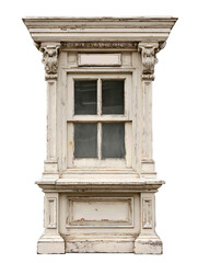 Fototapeta premium Vintage ticket booth window in ivory wood with carved cornice and chipped paint, isolated on transparent background 