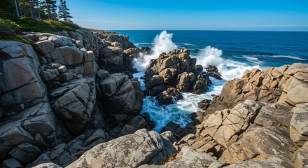 Waves crashing against coastal rocks under a clear blue sky