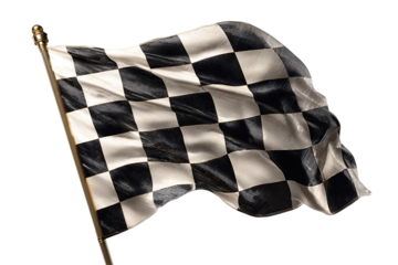 Racing checkered flag with black and off-white squares on carbon-fiber pole, isolated on transparent background
