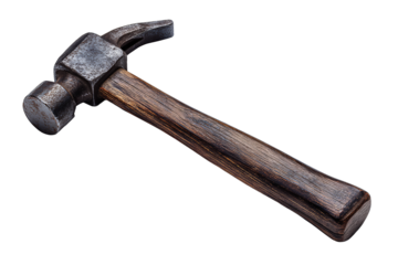 Vintage carpenter’s hammer with walnut handle and weathered steel head, isolated on transparent background
