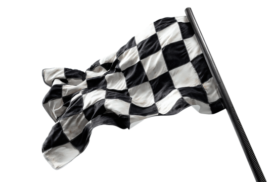 Racing checkered flag with black and off-white squares on carbon-fiber pole, isolated on transparent background
