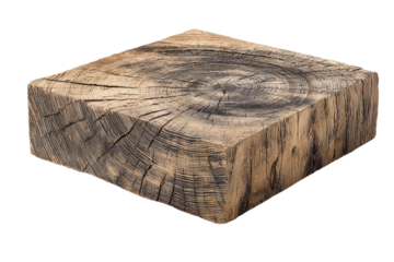 Weathered oak plank with visible end-grain rings and chamfered edges, isolated on transparent background
