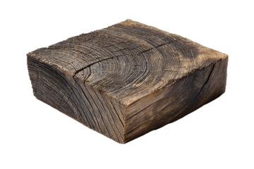 Weathered oak plank with visible end-grain rings and chamfered edges, isolated on transparent background
