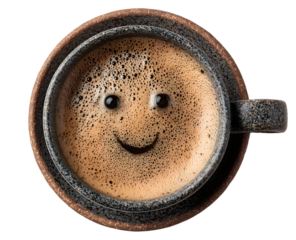 Top view of a coffee cup with frothy smiling face, isolated on transparent cutout background