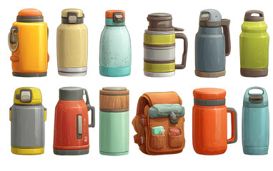 Thermos icons set cartoon vector. Water steel. Bottle vacuum