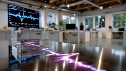 An artistic representation shows data through light reflections and forms, capturing the essence of scientific inquiry and the beauty of abstract visualization in an office environment.