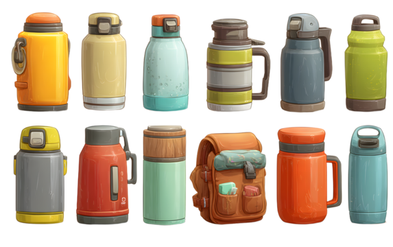 Thermos icons set cartoon vector. Water steel. Bottle vacuum