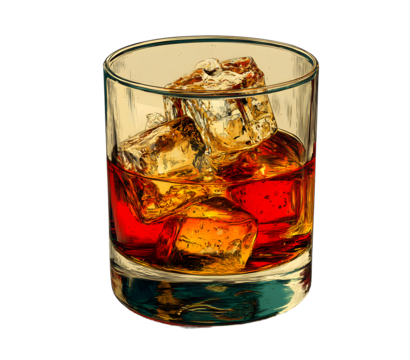 Vector image of a vintage whiskey glass with ice cubes. whiskey in vintage warm color. Simple, clean, classic design.