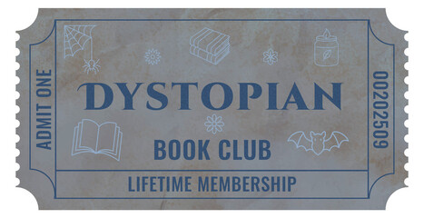 Dystopian book club ticket with symbols for young adult literature events and bookstores concept of libraries