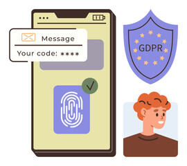 Smartphone showing fingerprint access verification, secure message code, GDPR compliance shield, and smiling user. Ideal for cybersecurity, data protection, privacy, authentication, regulation