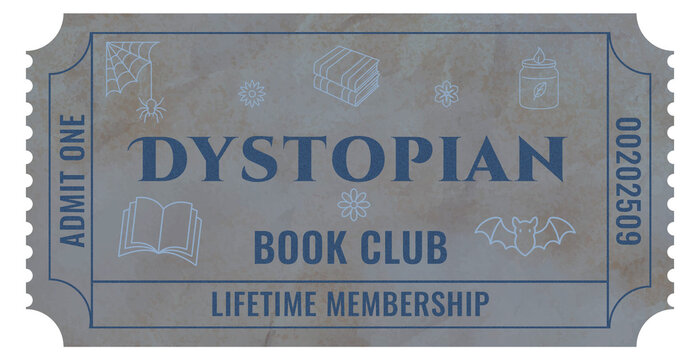 Dystopian book club ticket with symbols for young adult literature events and bookstores concept of libraries