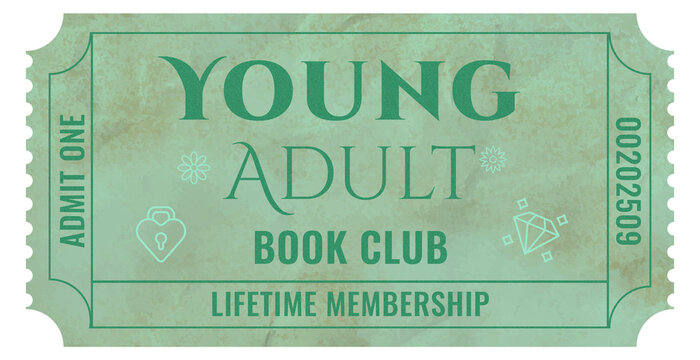 Young adult book club ticket concept with decorative elements suggesting membership and reading enthusiasm for libraries, bookstores, and reading clubs