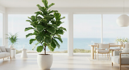 Naklejka premium Lush Air-Purifying Indoor Plant graces a sunlit minimalist home interior, offering natural tranquility with breathtaking ocean views and modern elegance