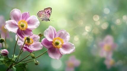 Obraz premium Elegant macro shot of pink anemones and a fluttering butterfly in a fresh spring setting with soft green backdrop.