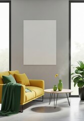 Fototapeta premium Stylish contemporary living room interior with a cozy yellow sofa, vibrant green accents, and a prominent blank art canvas Mockup on a minimalist grey wall, ideal for design presentation