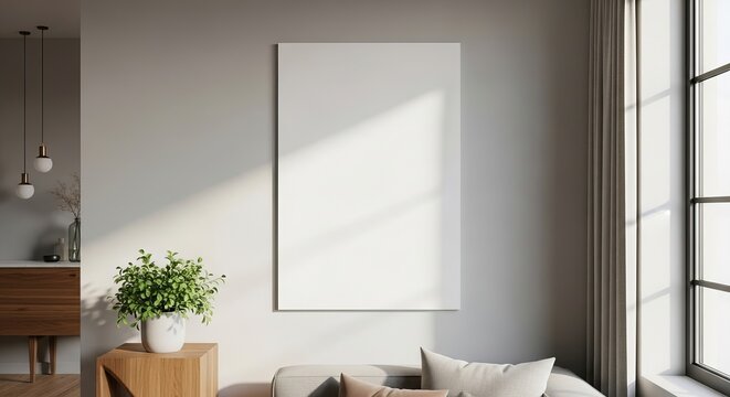 Bright and airy contemporary living room interior featuring a pristine blank vertical white frame mockup on a minimalist wall, ideal for showcasing art, photography, or a custom poster design