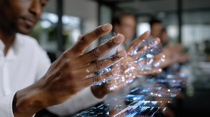 A person using hand gestures over a holographic interface, highlighting interactive data exchange in a sophisticated business setting with focused colleagues.