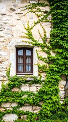 Stone wall with ivy and a window