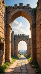 Ancient archway leading to a distant landscape
