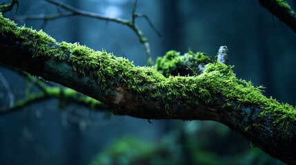 Forest branch blanketed with green moss in low light.