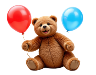 Cute teddy bear holding red and blue balloons in joyful pose