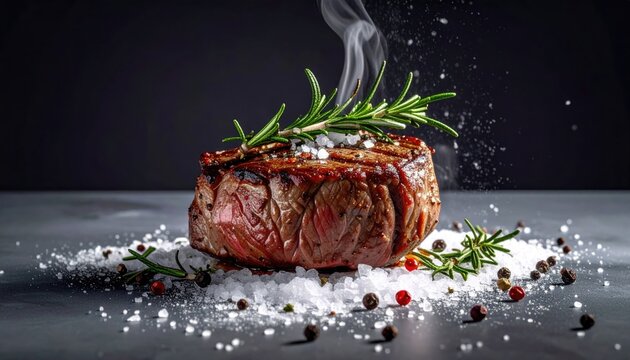 A perfectly seared steak rests on a bed of coarse salt and peppercorns, garnished with rosemary sprigs; steam rises, adding to the image's appetizing quality - Powered by Adobe