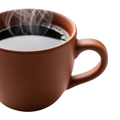 Obraz premium Brown Coffee Cup With Steam. Freshly Brewed Hot Drink. Closeup On Isolated Background. Restaurant Menu Element, Beverage Photography, Caffeine Image.
