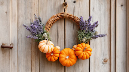 Autumn door wreath with small pumpkins and dried flowers decoration for thanksgiving