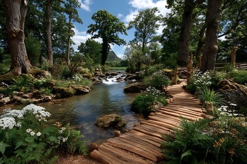 Wildflowers near forest bridge high resolution picture