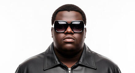 Fototapeta premium Young, Large, Very Dark-Skinned Man in Coarse Features, Leather Jacket, and Large Square Dark Glasses Against a White Background