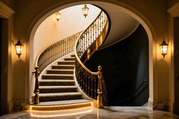 A spiral staircase with a golden railing and white steps winds up from an elegant foyer, illuminated by warm wall lanterns.