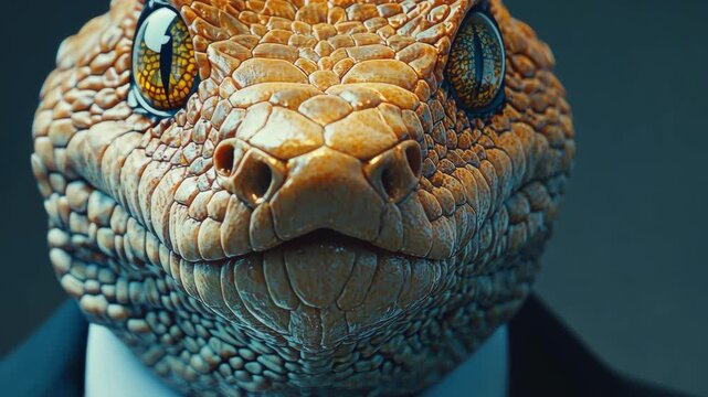 Snake in a Suit: A strikingly detailed, close-up shot features a snake, attired in a tailored suit, showcasing reptilian elegance.