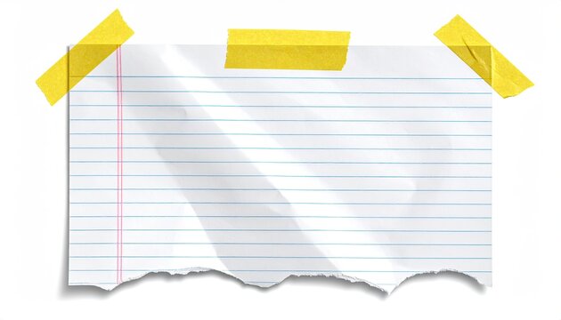 A piece of lined notebook paper with a torn bottom edge, secured to a white background with three pieces of yellow tape. Light shines across the paper, casting shadows - Powered by Adobe