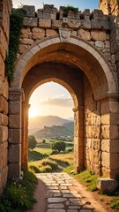 Ancient archway leading to a valley at sunset